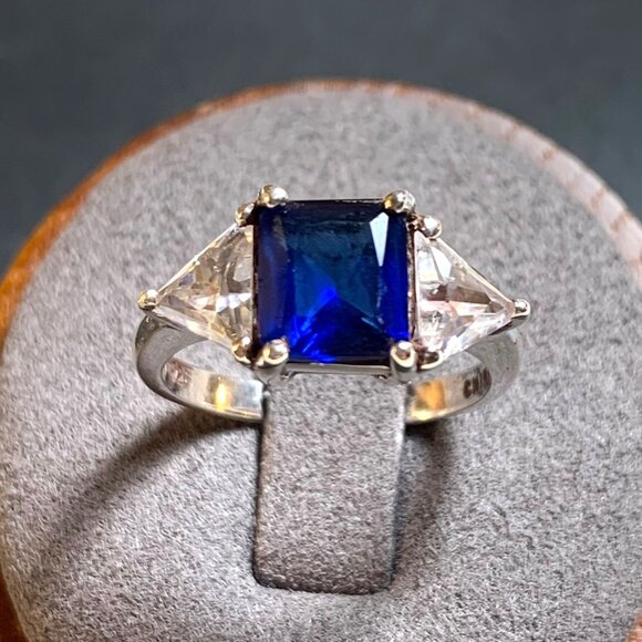 VTG Sterling Silver 925 Synthetic Sapphire & CZ Engagement Style Ring Size 7 - Picture 1 of 16